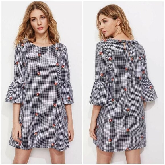Shein Embroidered Floral Gingham Fluted Bell Sleeve Shift Dress Bow Black Sz S - Picture 1 of 12